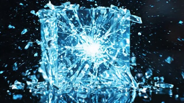 Closeup of a transparent glass cube with a crackled surface illuminated by blue light