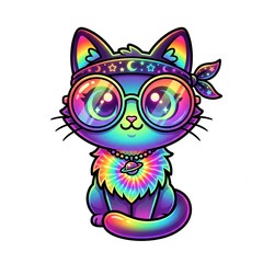 Fototapeta premium Cute rainbow space cat wearing glasses and a tie dye bandana illustration