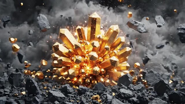 Explosive impact with debris and sparks flying outward from a shattered concrete block