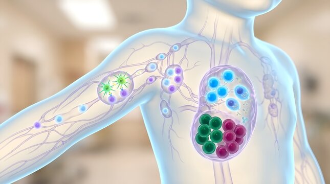 Detailed 3D Medical Illustration of the Human Lymphatic System Responding to Disease or Infection