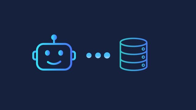 Animated motion graphics showing a smiling robot head icon connecting to a digital database cylinder via three loading dots. Concept of AI data processing, machine learning analytics, and storage.