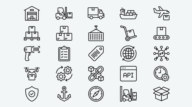 Logistics and supply chain outline icons featuring shipping delivery warehouse management tracking packaging inventory handling and industrial operations for global transport systems.