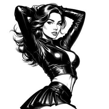 A glamorous fictional woman wearing a shiny leather crop jacket and matching skirt, posing confidently with her hands behind her head in a classic pin-up inspired fashion portrait. 