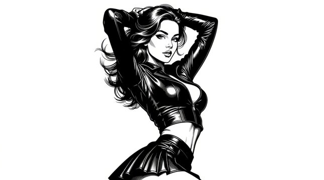 A glamorous fictional woman wearing a shiny leather crop jacket and matching skirt, posing confidently with her hands behind her head in a classic pin-up inspired fashion portrait. 