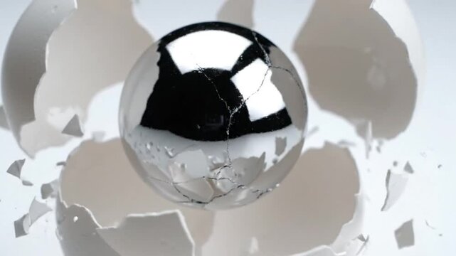 Closeup of a cracked eggshell on a white background with detailed texture and sharp edges