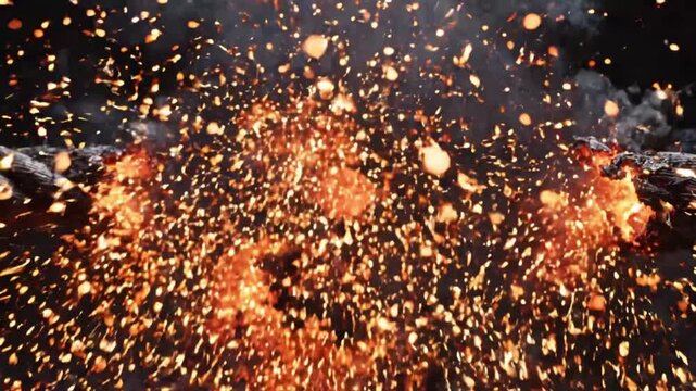 Closeup of a spark flying from a welding process on a thick steel cable in dark environment