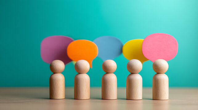 Wooden figures with colorful speech bubbles against a vibrant teal background, symbolizing diverse voices and open communication among a group
