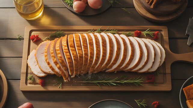 Sliced turkey breast on wooden cutting board with herbs and spices for holiday meal transparent background