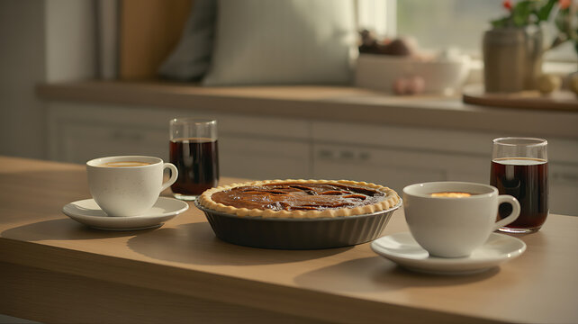 Two white coffee cups on saucers with glasses and a sweet pie on wooden table transparent background