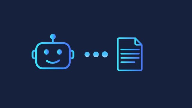 Animated motion graphics showing a smiling robot head icon connecting to a digital document file page via three loading dots. Concept of AI text analysis, automated writing, and content processing