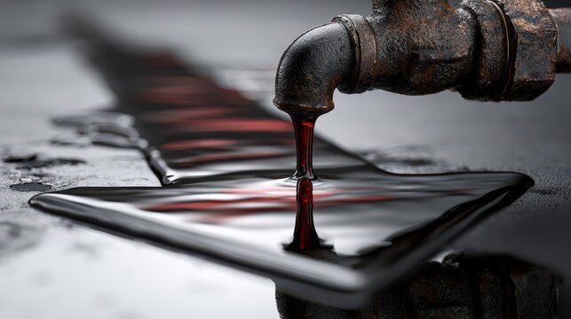 Dark crude oil dripping from a rusty pipe with red reflections, symbolizing blood oil exports, conflict, sanctions, and energy trade.