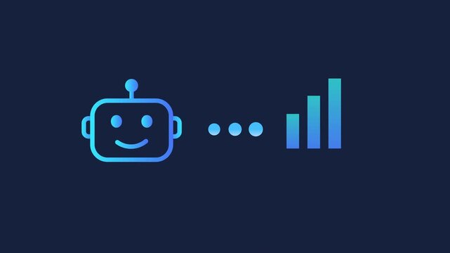 Animated motion graphics showing a smiling robot head icon connecting to a vertical growth bar chart via three loading dots. Concept of AI data analytics, performance optimization, and stats