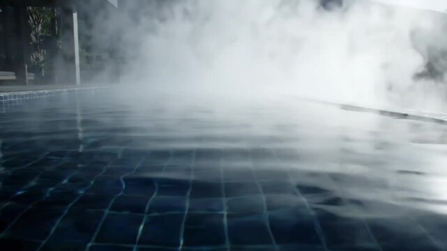 Relaxing hot spring or thermal pool with steaming water and clear blue surface outdoors