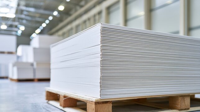 A neat large stack of white gypsum plasterboard panels or regips sheets stored on a wooden pallet inside a spacious hardware store or industrial building material warehouse.