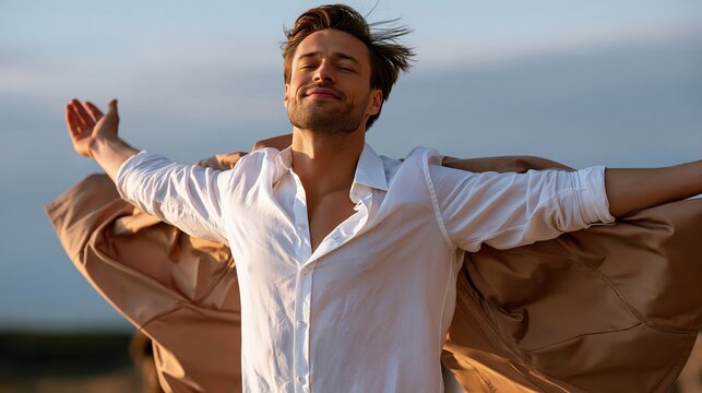 A young caucasian man in a white shirt standing outdoors with closed eyes and outstretched arms, embracing a new beginning, self love, and faith during golden hour.