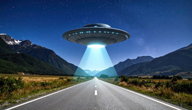  Glowing UFO hovering above empty mountain road at night, blue tractor beam shining to ground, alien spaceship and abduction concept, mysterious sci fi landscape.