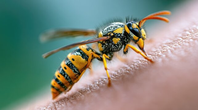 Extreme Macro Close Up of Yellow Jacket Wasp Resting on Human Skin with Detailed Texture