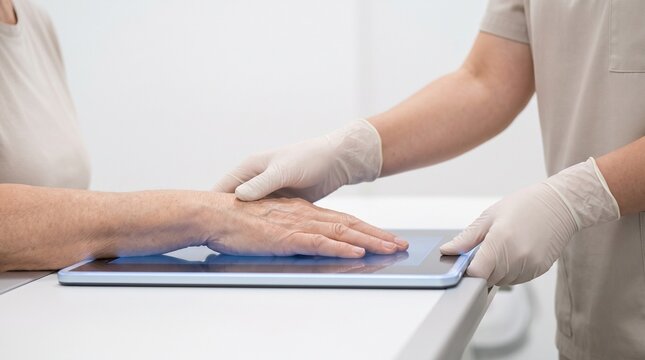 Elderly patient placing hand on digital bone density scanner while clinician assists, close-up osteoporosis screening in clean clinic.