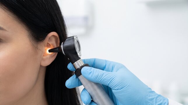 ENT clinician examining female patient&rsquo;s ear with illuminated otoscope, close-up otoscopy and ear canal assessment in clean clinic with copy space.