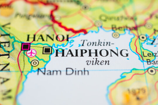 Detailed map of Hanoi and Haiphong region in northern Vietnam near the Gulf of Tonkin.