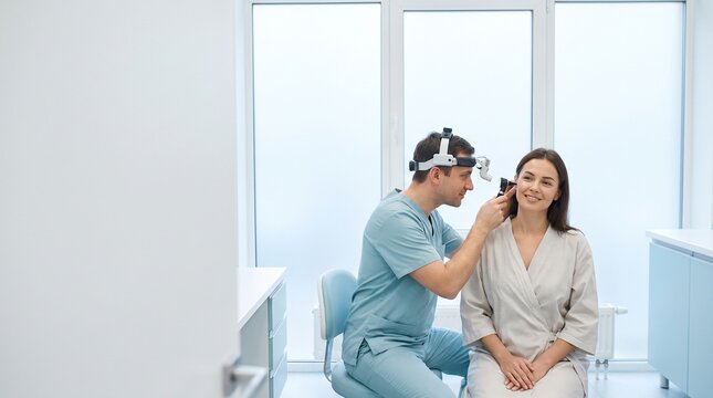ENT specialist wearing headlamp examining female patient&rsquo;s ear with otoscope in bright clinic, wide copy space for otolaryngology consultation.