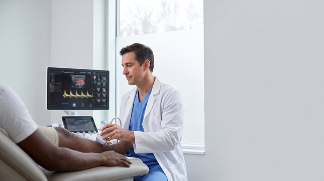 Vascular specialist performing Doppler ultrasound on African American patient&rsquo;s lower leg, checking blood flow with color Doppler imaging in a clean clinic.