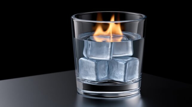 Burning Ice Cubes Floating in Glass of Water Isolated on Black Background Creative Concept