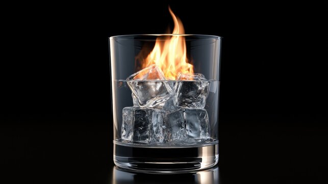Burning Ice Cubes in Glass of Water Isolated on Black Background Surreal Fire and Ice Concept