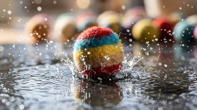 A colorful felt ball splashing into water, creating a dynamic water crown effect with droplets and reflections
