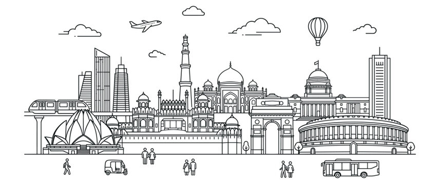 New delhi india cityscape panorama skyline line art travel.