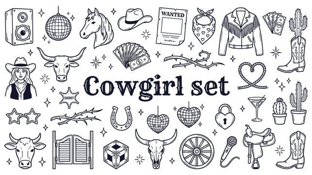 Cowgirl set collection, wild west western accessories tools symbols.