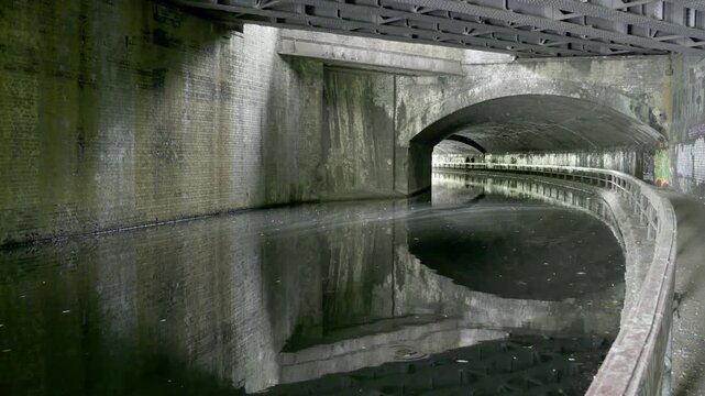 Birmingham Canal Tunnel Under Construction Site of HS2 Curzon Street Station.
Cinematic shot looking inside the historic, Grade II-listed Curzon Street canal tunnel along the Digbeth Branch Canal.