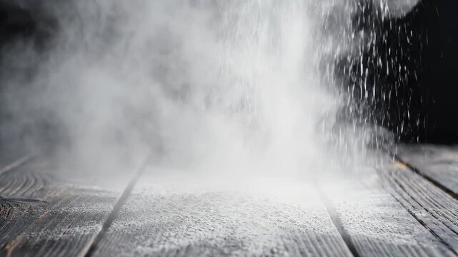 Hand pouring flour onto dark wooden table creating soft dust cloud in slow motion. Perfect for baking tutorials, food ads, recipe videos