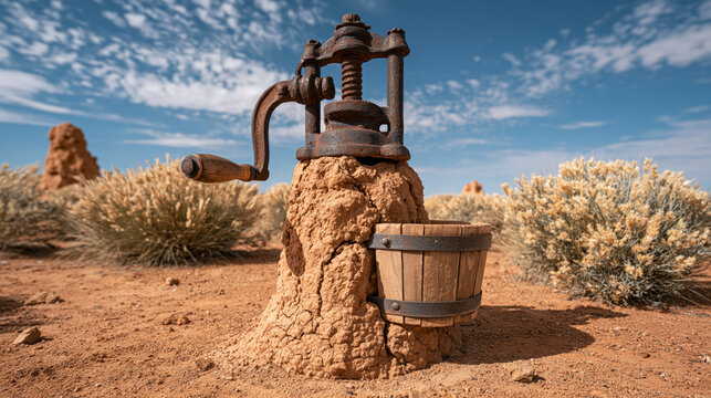 An old-fashioned hand-crank grape press built into a clay mound in the red sand of the Australian outback