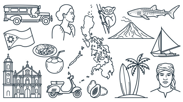 Philippines travel icons set featuring culture landmarks.