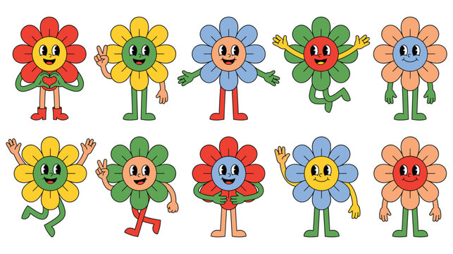 Cute funny comic flower characters with happy faces.