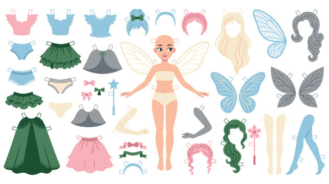 Fairy paper doll kit with various clothes and outfits.