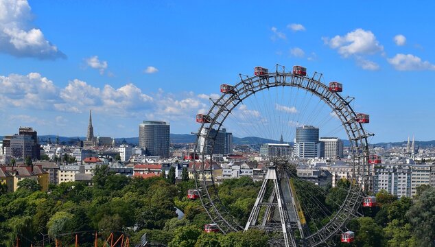 Vienna Giant Ferris Wheel (Riesenrad) and City Skyline under Blue Sky &ndash; Famous Landmark at Prater Park, Austria, Europe, Travel Destination