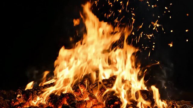Vivid campfire with bright flames and glowing embers on a dark night