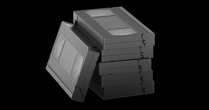 VHS video cassette stack rotation animation seamlessly loopable. 3D rendering isolated on transparent background