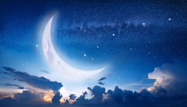 a breathtaking night sky featuring a glowing crescent moon and soft clouds radiating peace and tranquility the deep blue hues and stars create a dreamy atmosphere symbolizing deep sleep and relax