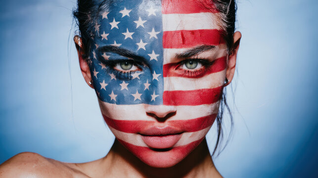 female model with patriotic usa flag face paint celebrating fourth of july independence day
