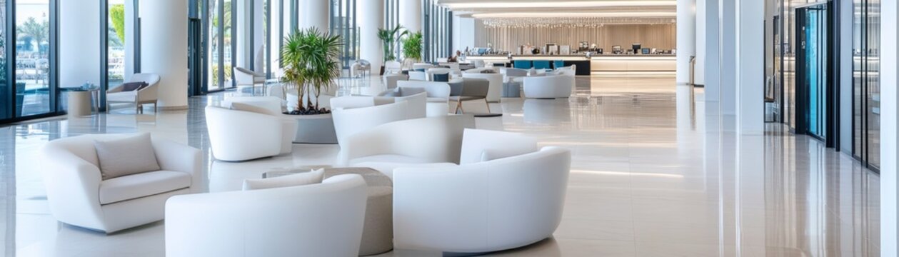 Input An image of a modern, luxury hotel lobby or lounge. Requirements for the Include composition details (e.g., wide angle, perspective, eye-level). Include image details (e.g.,