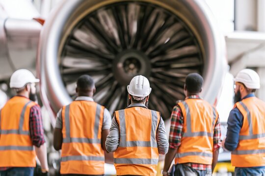 Team of Aviation Engineers Inspecting Large Jet Engine During Aircraft Maintenance