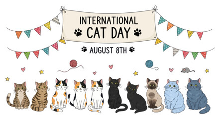 Fototapeta premium International cat day celebration banner with diverse cat breeds
