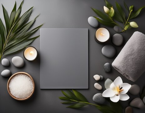grey background serves as a canvas for spa accessories offering relaxation with copy space