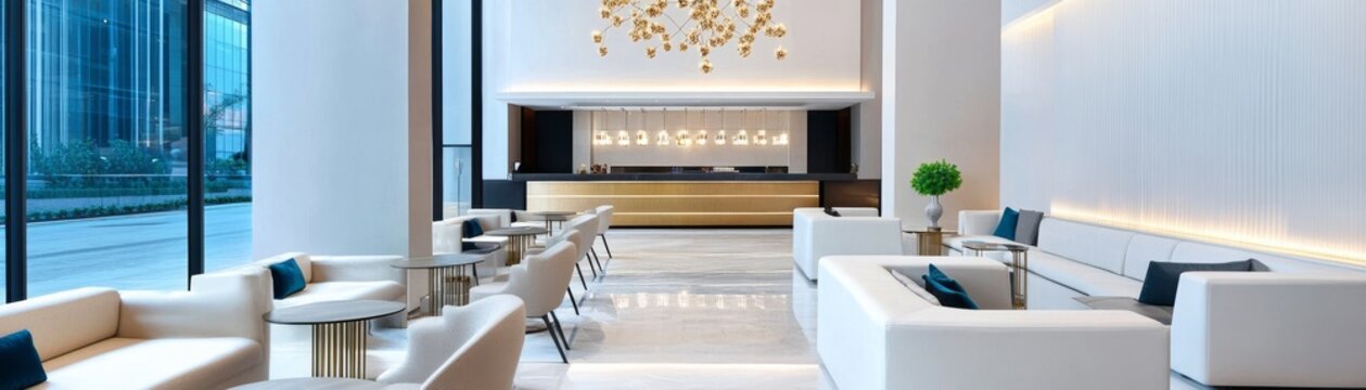 Input Image A high-end, luxury hotel lobby or lounge. Features high ceilings, floor-to-ceiling windows overlooking a citystreet, white modern furniture (sofas, chairs), goldbrass