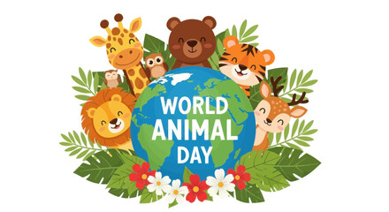 Obraz premium World animal day celebration with cute cartoon animals and globe