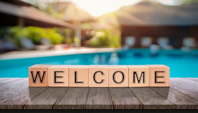 the word welcome made of wooden letters on the table by the poolside summer background with a blurred swimming pool and sunlight effect