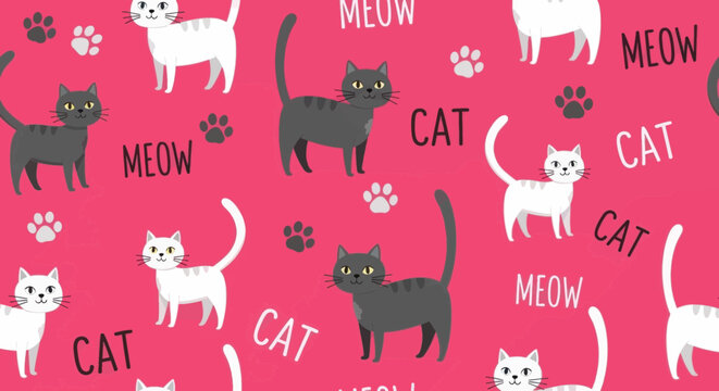 Seamless pattern with cute cats and paw prints on pink background